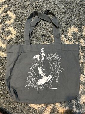 PLAYBOY Grey Canvas Tote with White Graphic Portrait